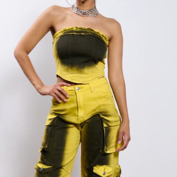 Callie Lives Miz The Spot AKIRA Yellow & Black Spraypainted  Corset Top S M L - Picture 6 of 8